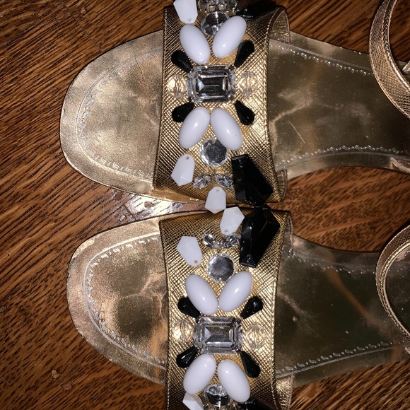Prada Gold Leather Crystal Embellished Sandals - Picture 11 of 14